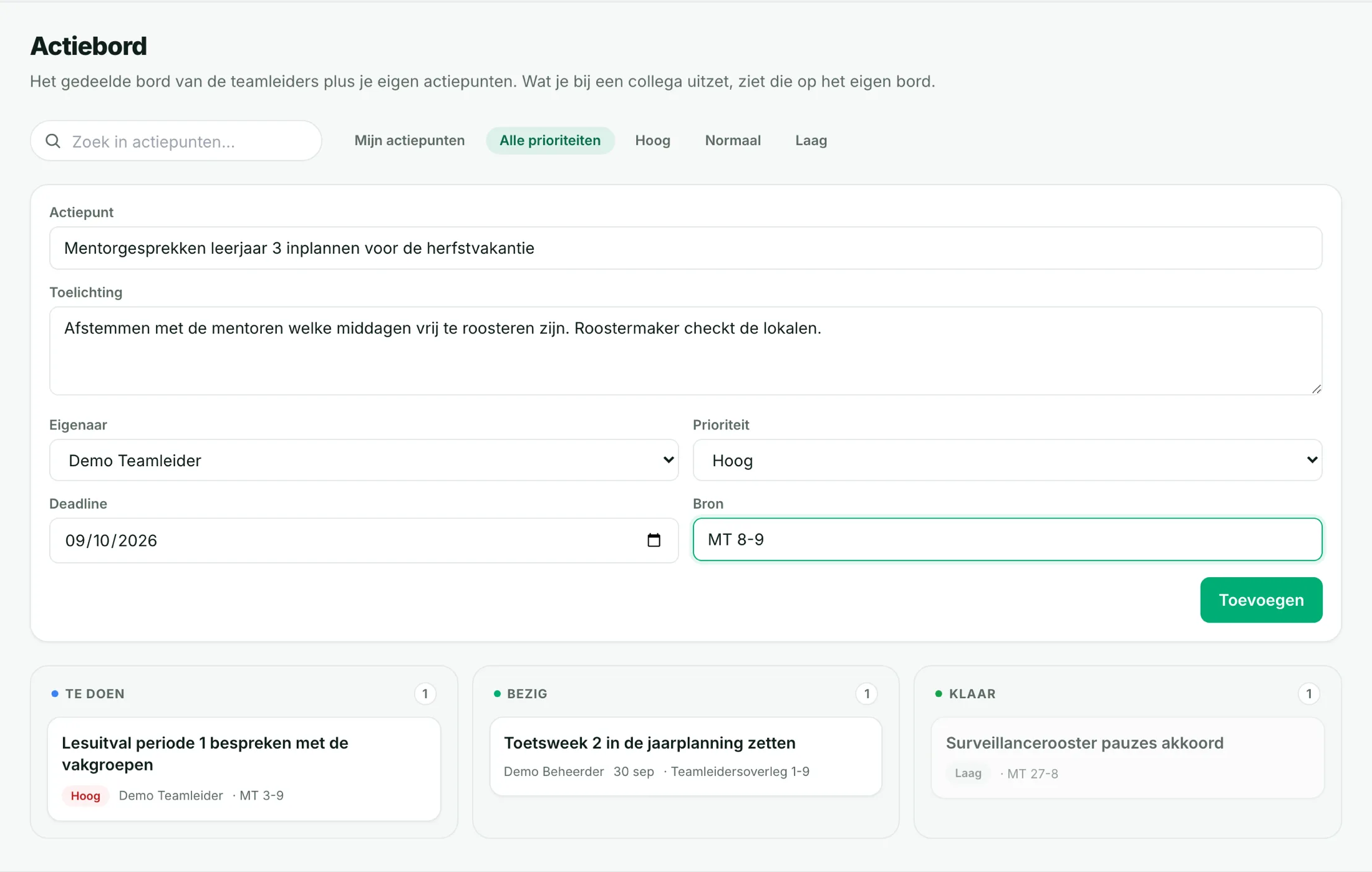 Actiebord met invoer van een actiepunt en de kolommen Te doen, Bezig en Klaar