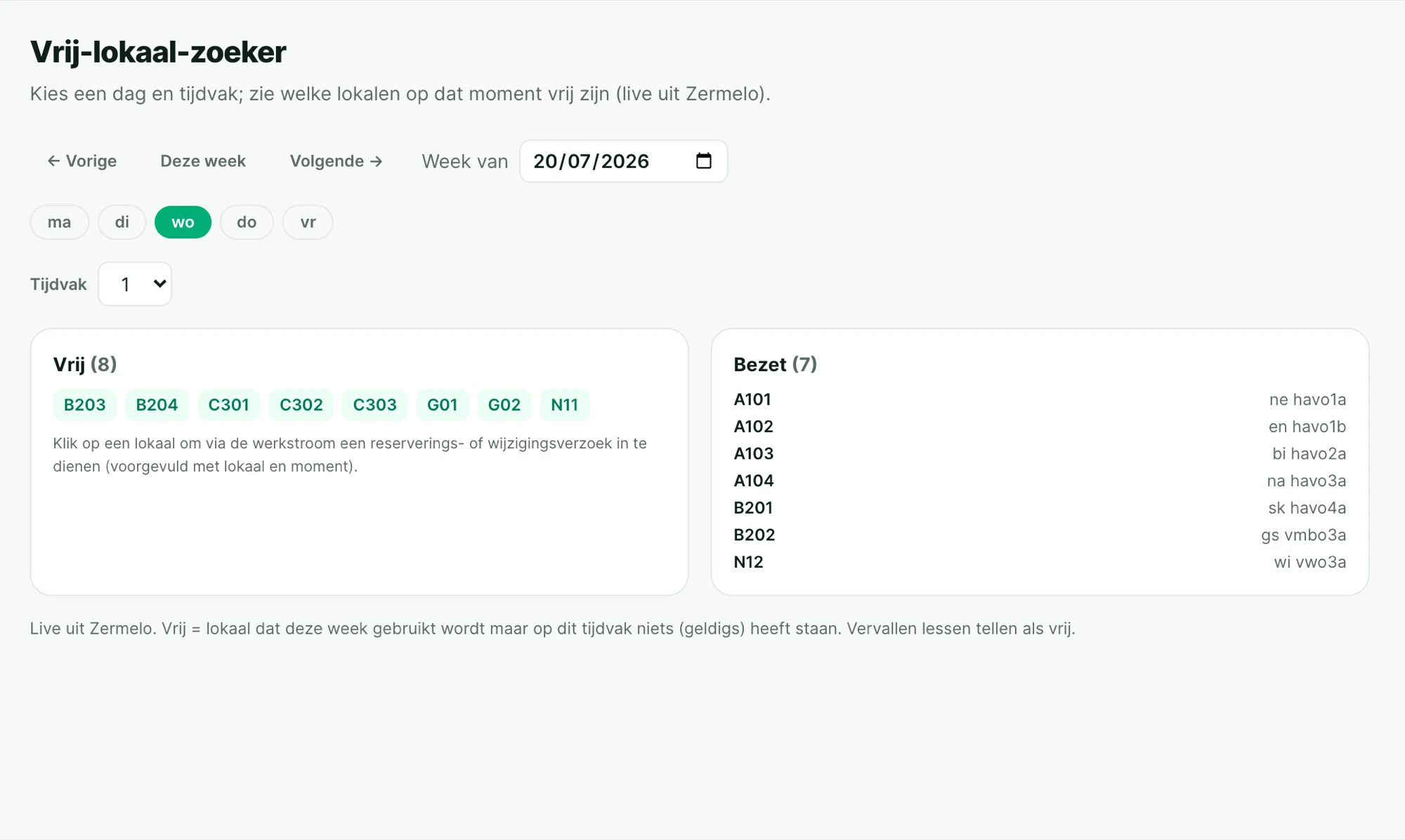 De vrij-lokaal-zoeker toont per tijdvak welke lokalen vrij en bezet zijn